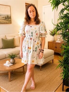 Floral Puff-Sleeve White Dress with Yellow Accents